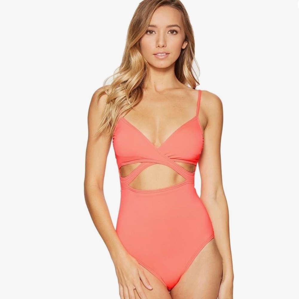 Vince Camuto Fiji Solids Wrap Cutout Maillot One-Piece Swimsuit Neon Hot Pink M